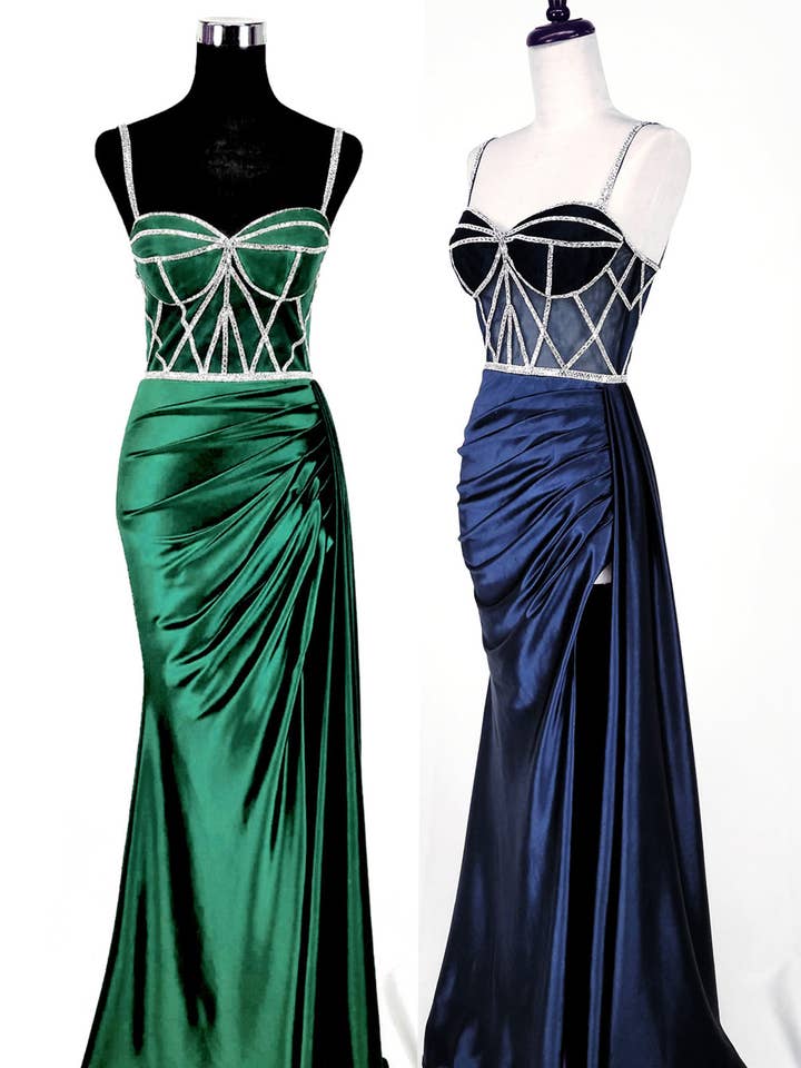 Floor length satin dress with sheer rhinestone bodice C368 for wholesale by Chicas