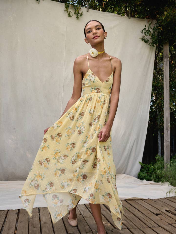 SUNSHINE Floral Swiss Dot Chiffon Handkerchief Maxi Dress for wholesale on Faire