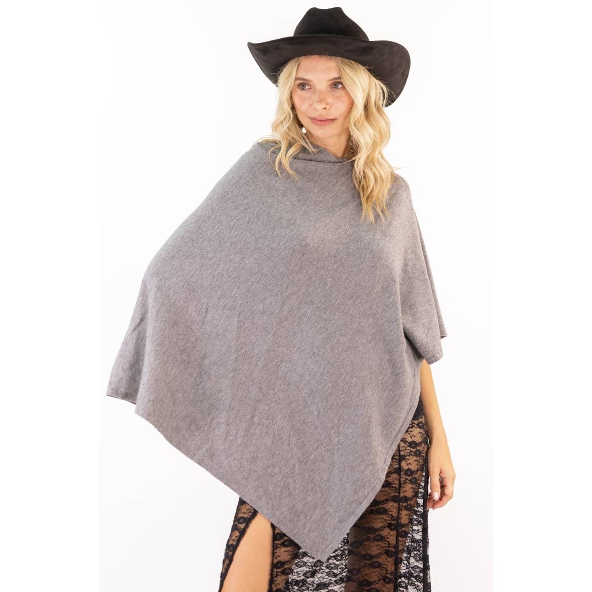 Grey TRIANGLE FUNNEL NECK SWEATER PONCHO_78T2877 for wholesale on Faire8