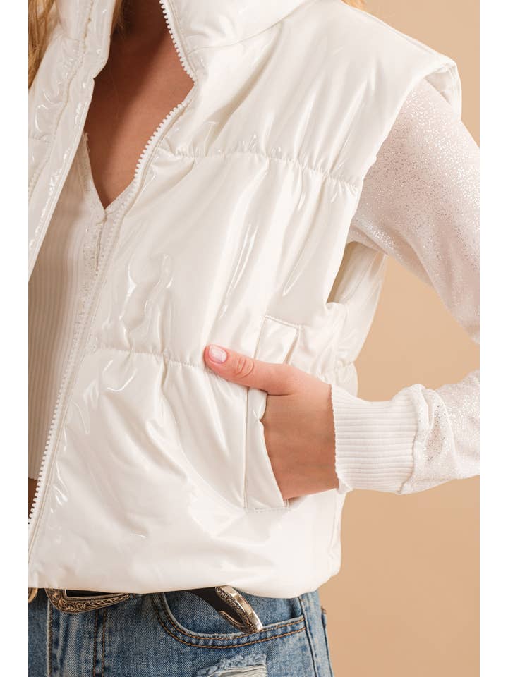 Blue B - Wholesale Outerwear Vest - Women's - 22656J - Gloss Shiny PU Quilted Puffer Zip Up Crop Vest38