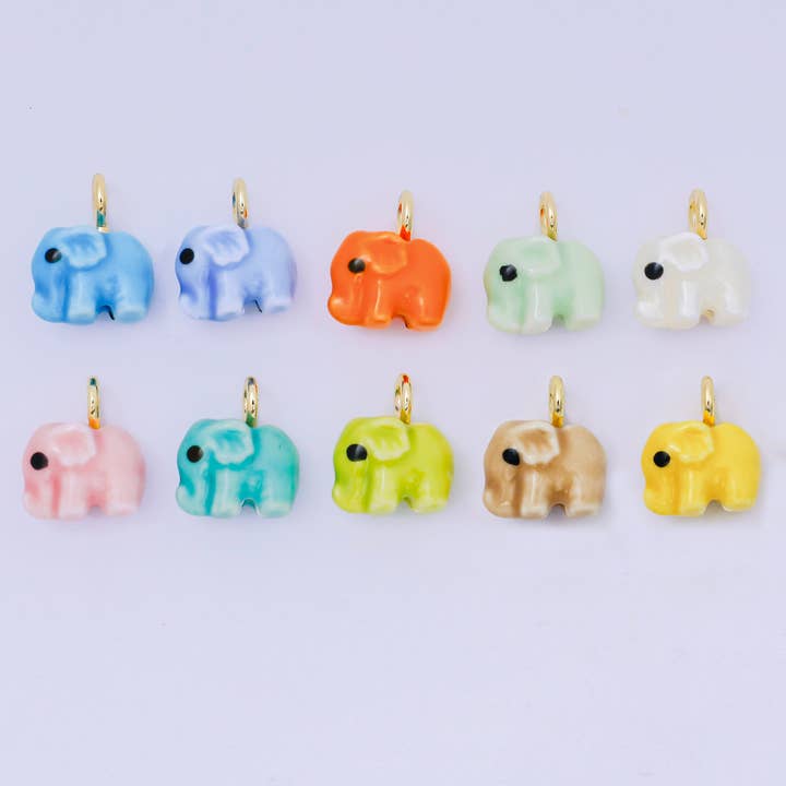 24K Gold Filled 16mm Blue, Orange, Green, Teal, White, Yellow, Brown, Pink, Blue, Green Ceramic Porcelain Elephant Animal Drop Charm | C948 - C952 for wholesale by Aim Eternal