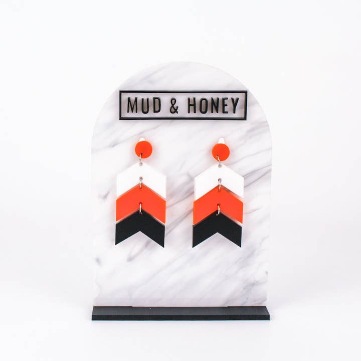 Mud & Honey - Wholesale Dangle Earrings - Chevron School Spirit Dangles - White/Orange/Black1