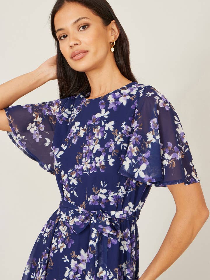 Yumi Navy Blossom Print Midi Skater Dress With Angel Sleeves for wholesale by Yumi