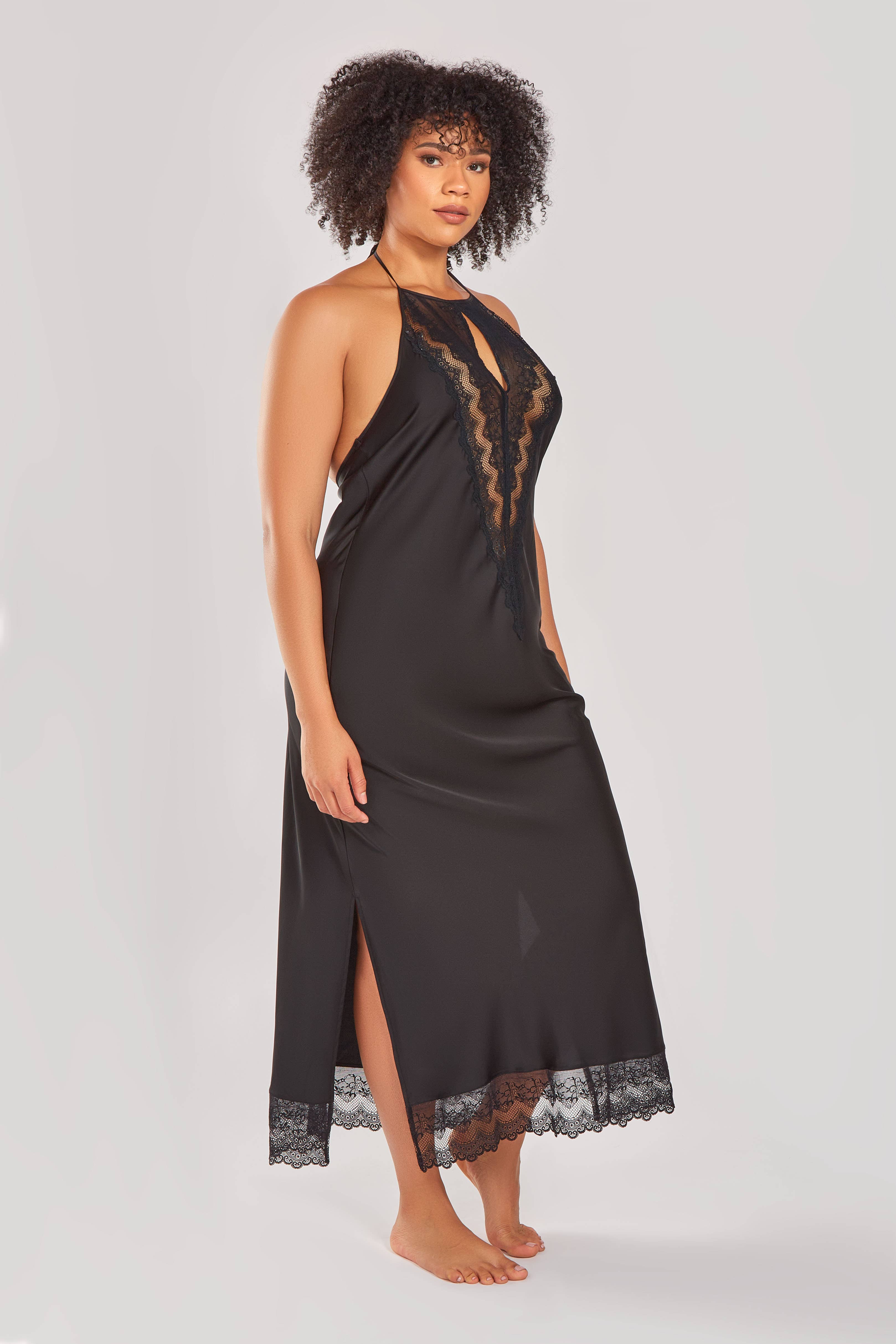 iCollection – wholesale Robe – Women's – Tess Plus Size Stretch Satin Long Robe with Lace3