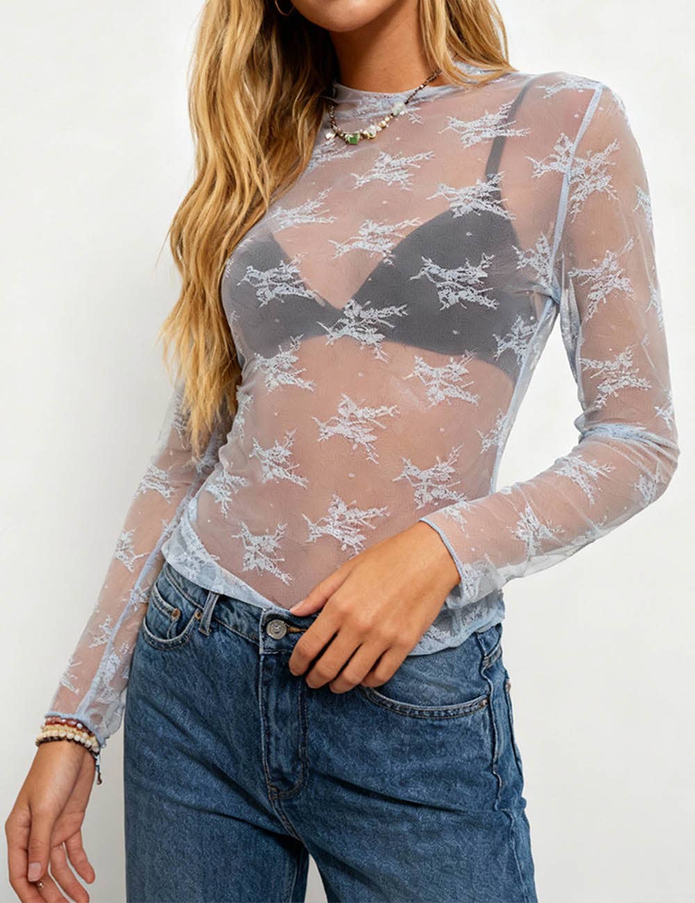 Sweetkama – Engroshandel Bluse - Dame – Sweetkama let transparent top med blomsterblonde og mesh, model SKT15159