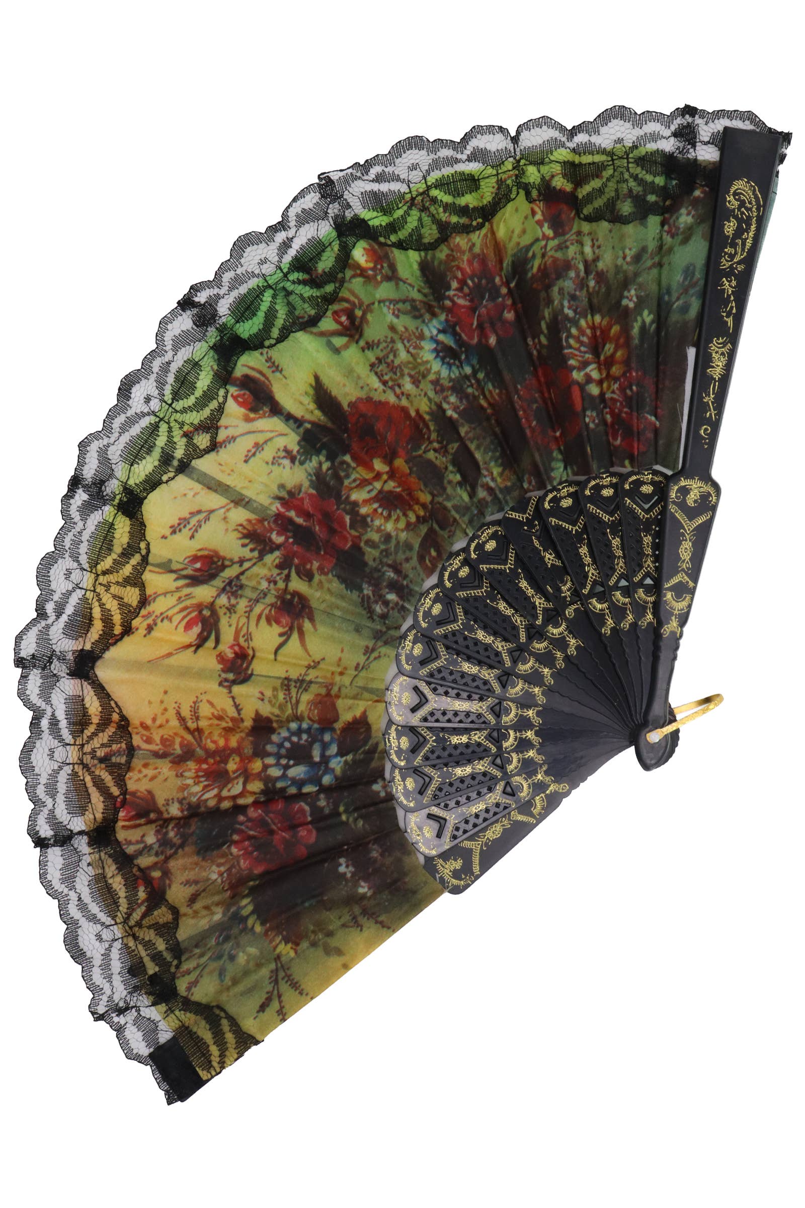 Cap Zone - Wholesale Handheld Folding Fan - Sheer Floral Black Lace Trim Hand-Held Folding Fan7