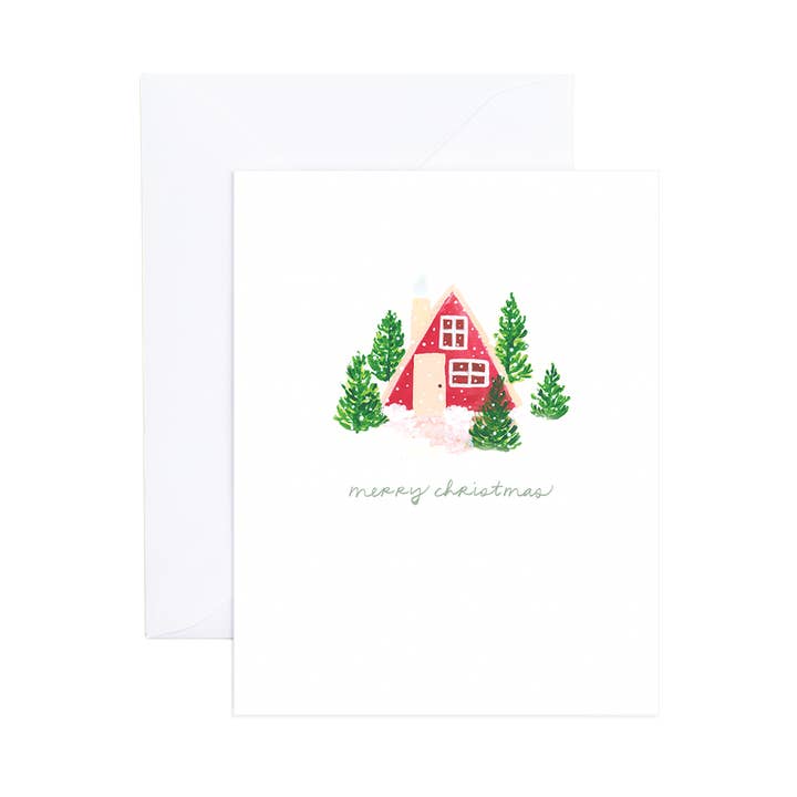 Carte de Noël aquarelle Kendall Cozy Cabin pour la vente par Evergreen Summer