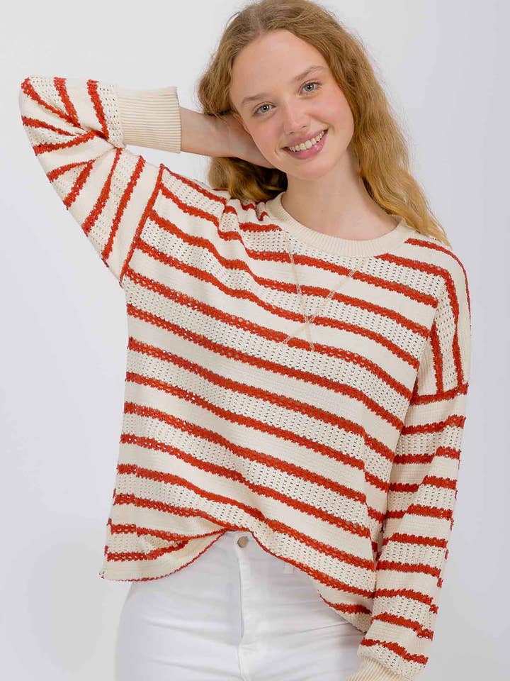 Maglione a righe con girocollo e maniche lunghe T6018 per la vendita all'ingrosso da parte di 7th Ray