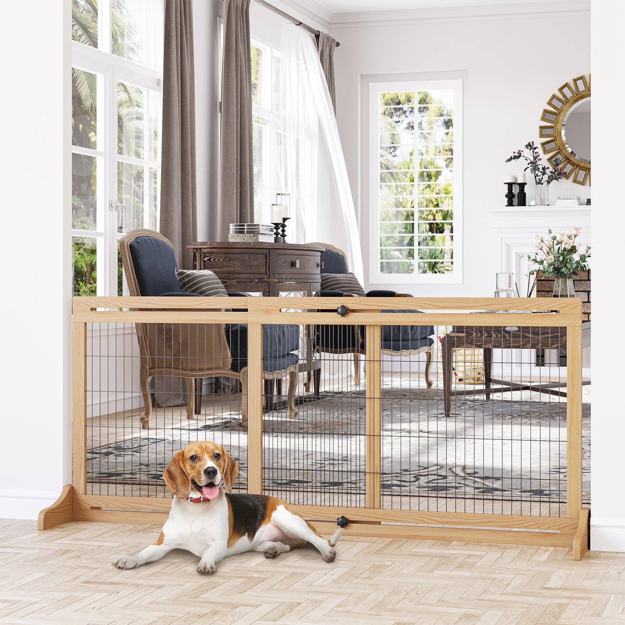 39F Inc. - Wholesale Pet Folding Gate - Dog - PawHut 72" Freestanding Pet Gate, Adjustable Length, Natural0