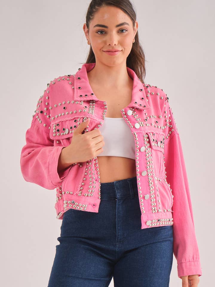 PJ1092- Studded Button Down Denim Oversized Jacket for wholesale by KIWI