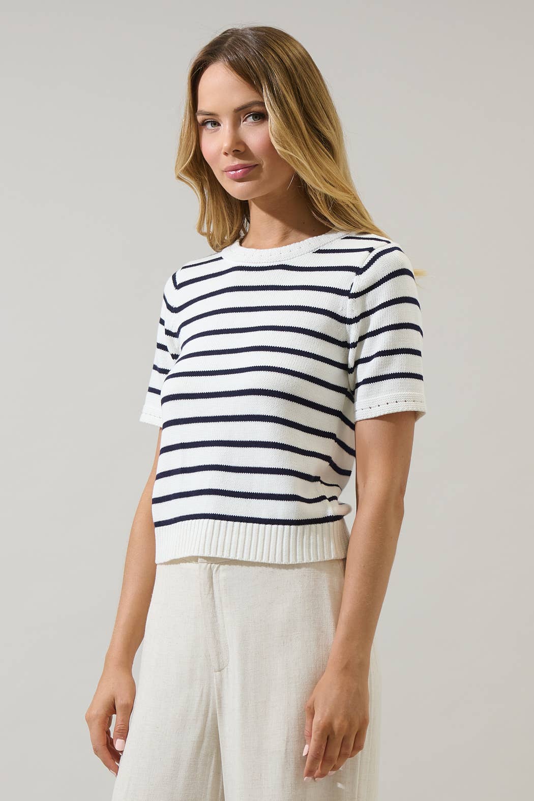 White Navy Tessie Stripe Short Sleeve Sweater Top for wholesale on Faire2