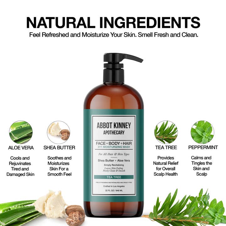 Abbot Kinney Apothecary – wholesale 2-i-1 schampo och kroppstvål – Herr – Mäns 3 i 1 schampo, balsam & kroppstvätt & tvål Tea Tree