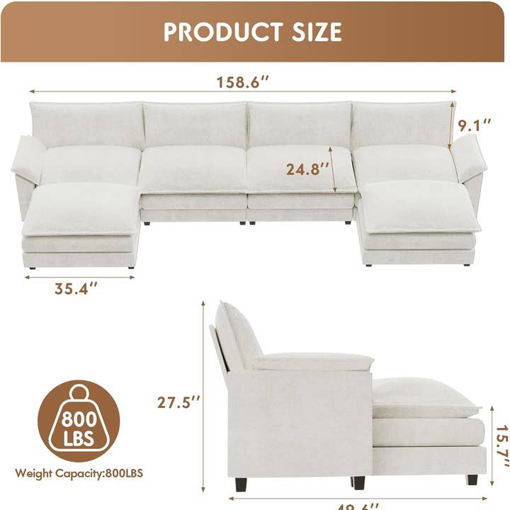 U Shaped Chenille Sectional Sofa Removable Ottoman White for wholesale on Faire1