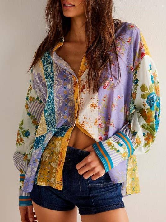 Rosa Clothing - Wholesale Button Down Shirt - Women's - Bohemia chic vibe Floral patchwork print button-up shirt7