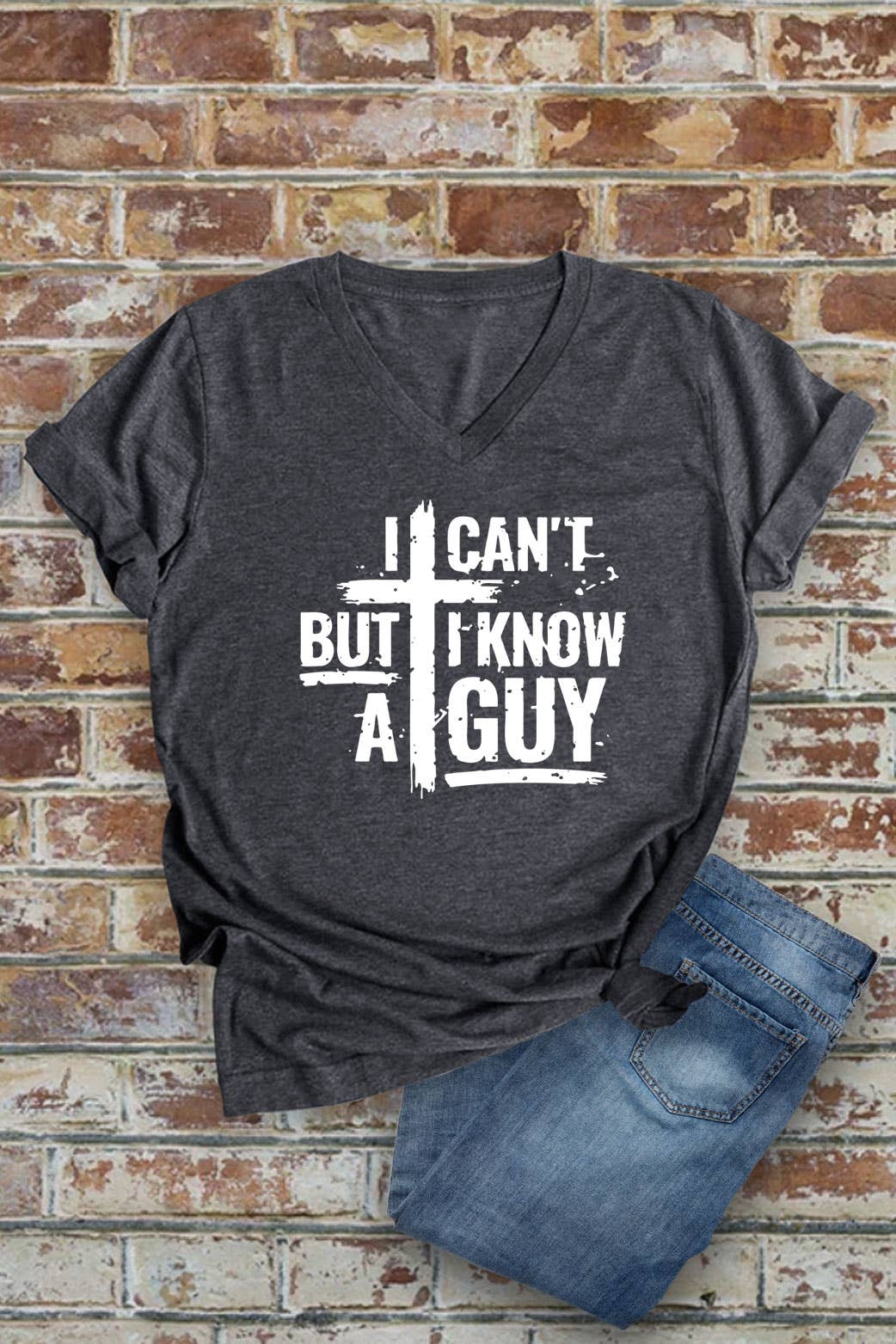 Top Avenue - Wholesale Screen Printed T-Shirt - Women's - I Cant But I Know A Guy Distressed Cross, Unisex V-Neck T-Shirt2