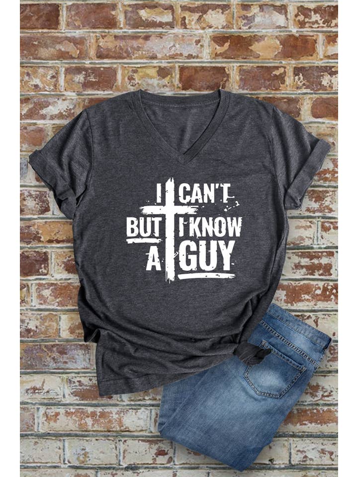 Top Avenue - Wholesale Screen Printed T-Shirt - Women's - I Cant But I Know A Guy Distressed Cross, Unisex V-Neck T-Shirt2