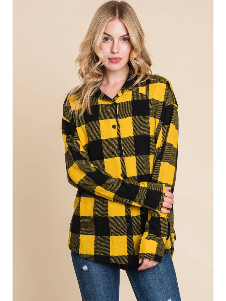 Mustard Black ETK-8641-PL Plus Size Buffalo Plaid Button Up Shirt for wholesale on Faire1