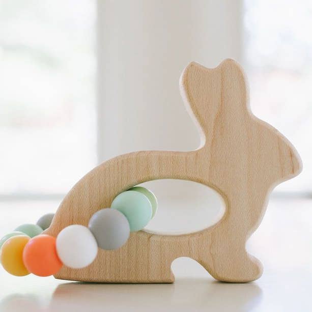 Bunny Grasping Wooden Baby Toy with Teething Beads for wholesale by Bannor Toys