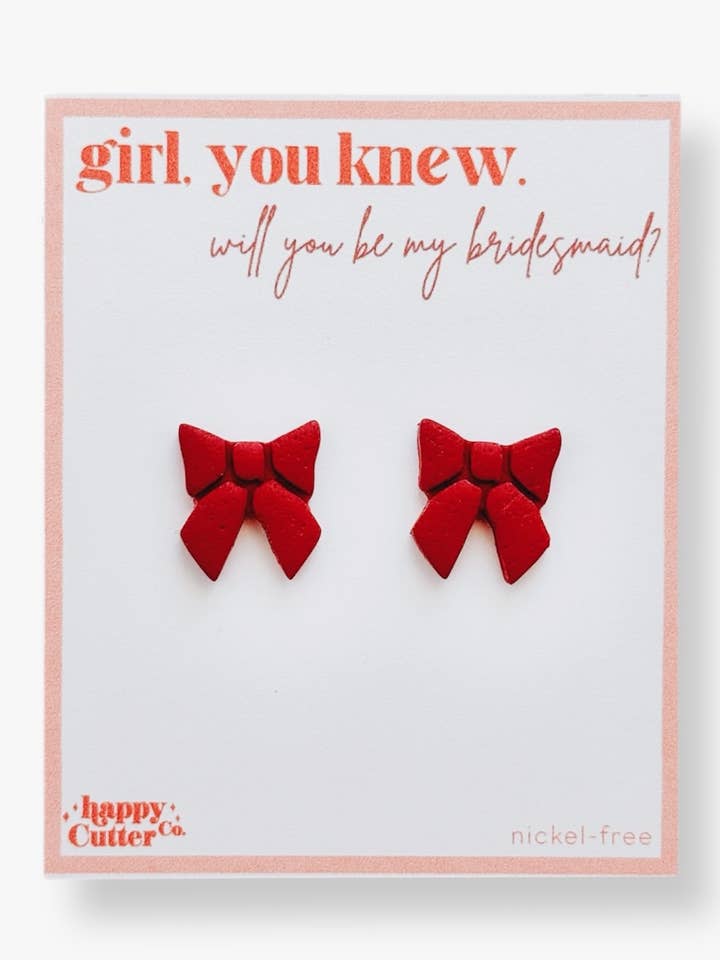 Red Coquette Bow Earrings | Funny Bridesmaid Proposal Gift for wholesale by Happy Cutter Co