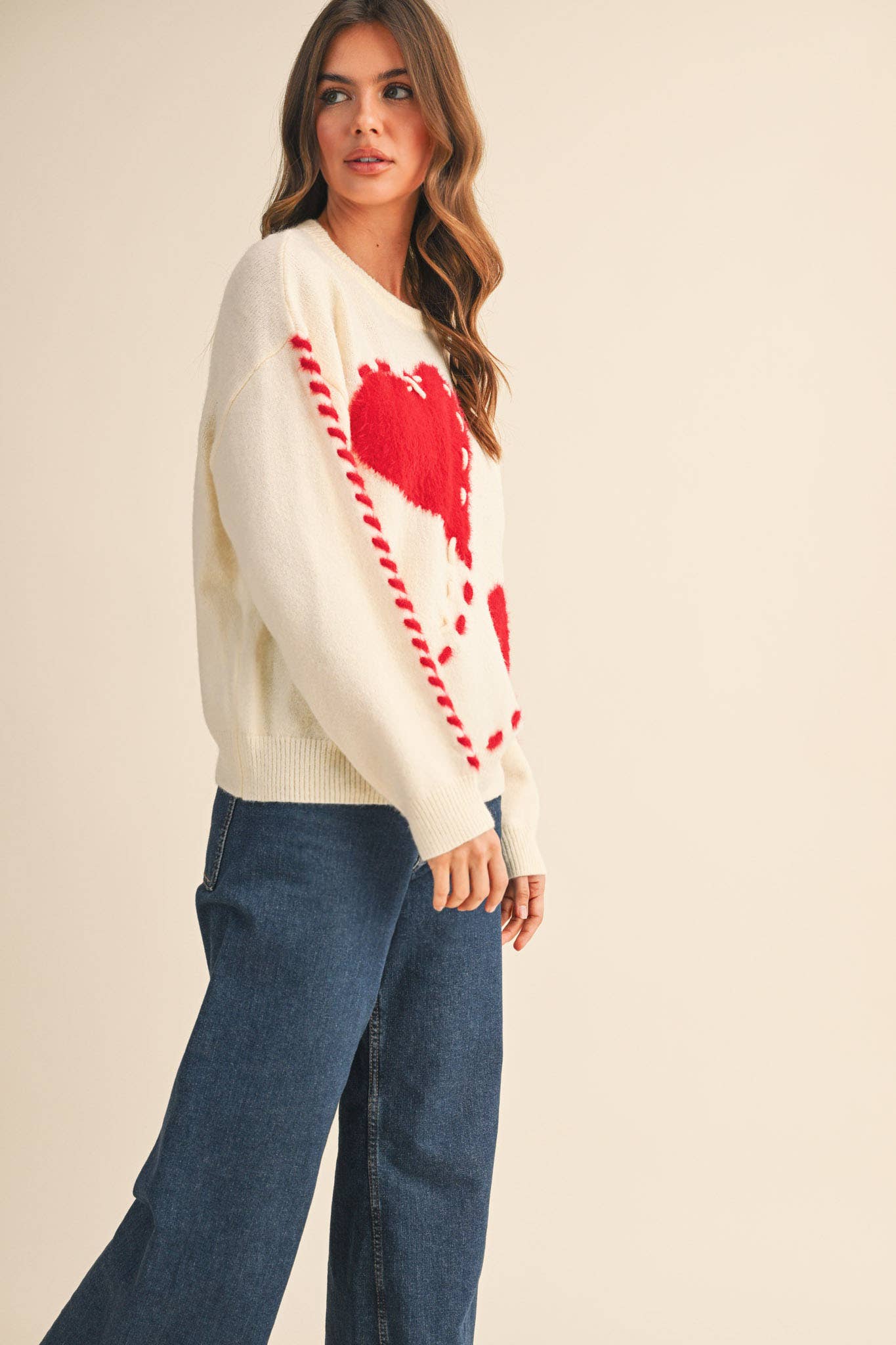 &MERCI - Wholesale Knit Sweater - Women's - FUZZY HEART KNIT SWEATER WITH WHIP STITCH MSW1099015