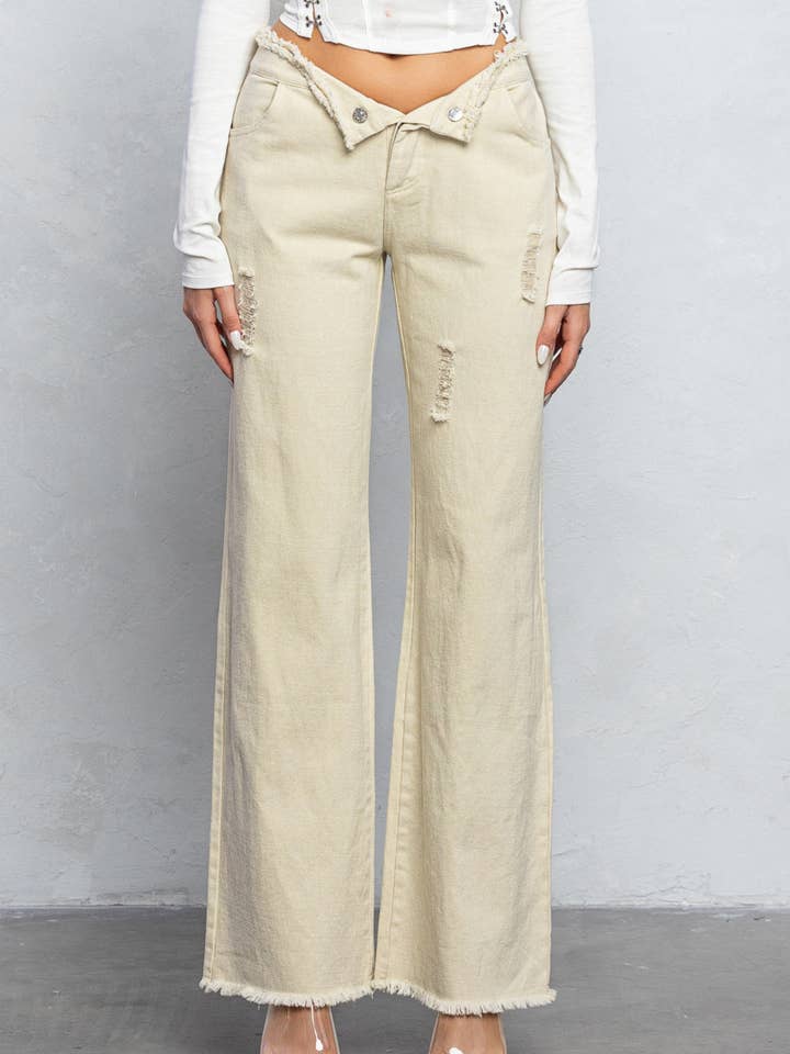 V line folded detail destroyed twill pants for wholesale by No Vacancy