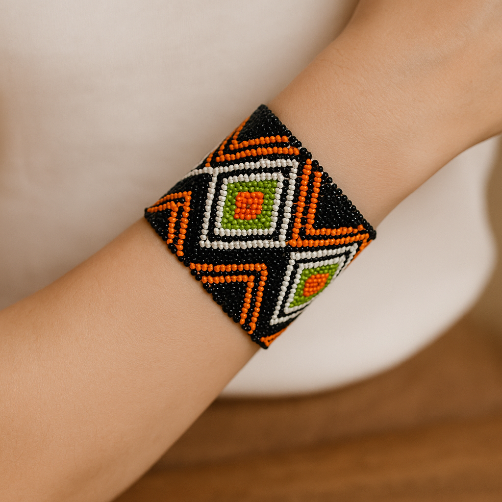 BEADS CORNER - Wholesale Cuff Bracelet - Handmade Geometric Beaded Cuff Bracelet – Black, Orange & Lime Green2