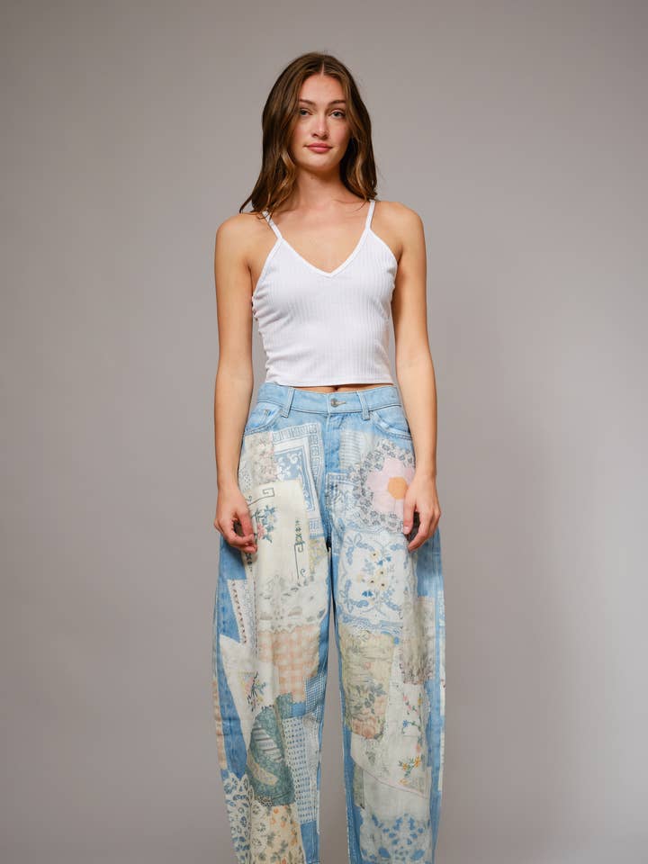 91588P - Patch Print Barrel Leg Jeans for wholesale by Blue B