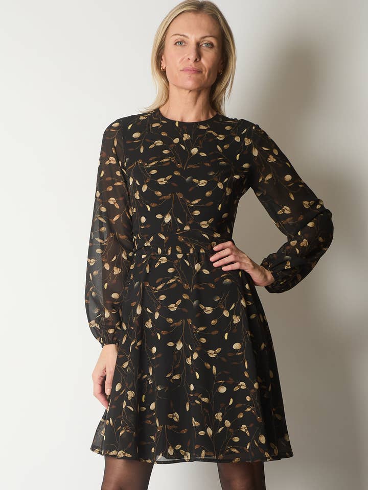 Tie-Waist Dress with Nature Print - Black for wholesale by SOLO