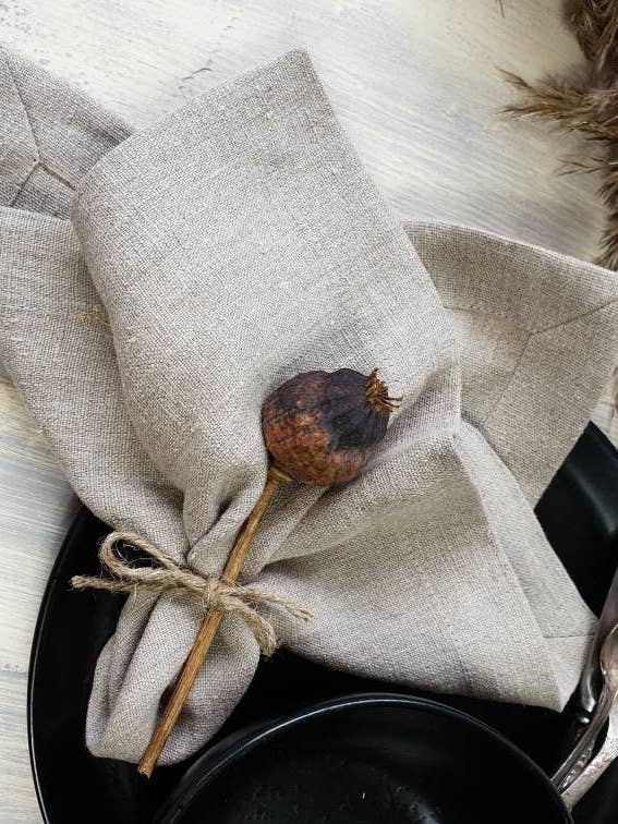 Rough linen napkins set wide hem mitered corners, natural for wholesale by The Raw Linen