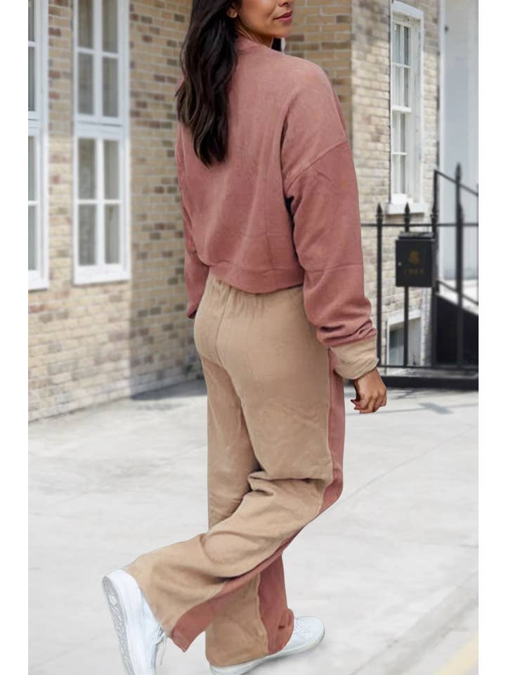 Khaki Color Block Long Sleeve Crop Top Drawstring Pant Set | S-XL for wholesale on Faire1