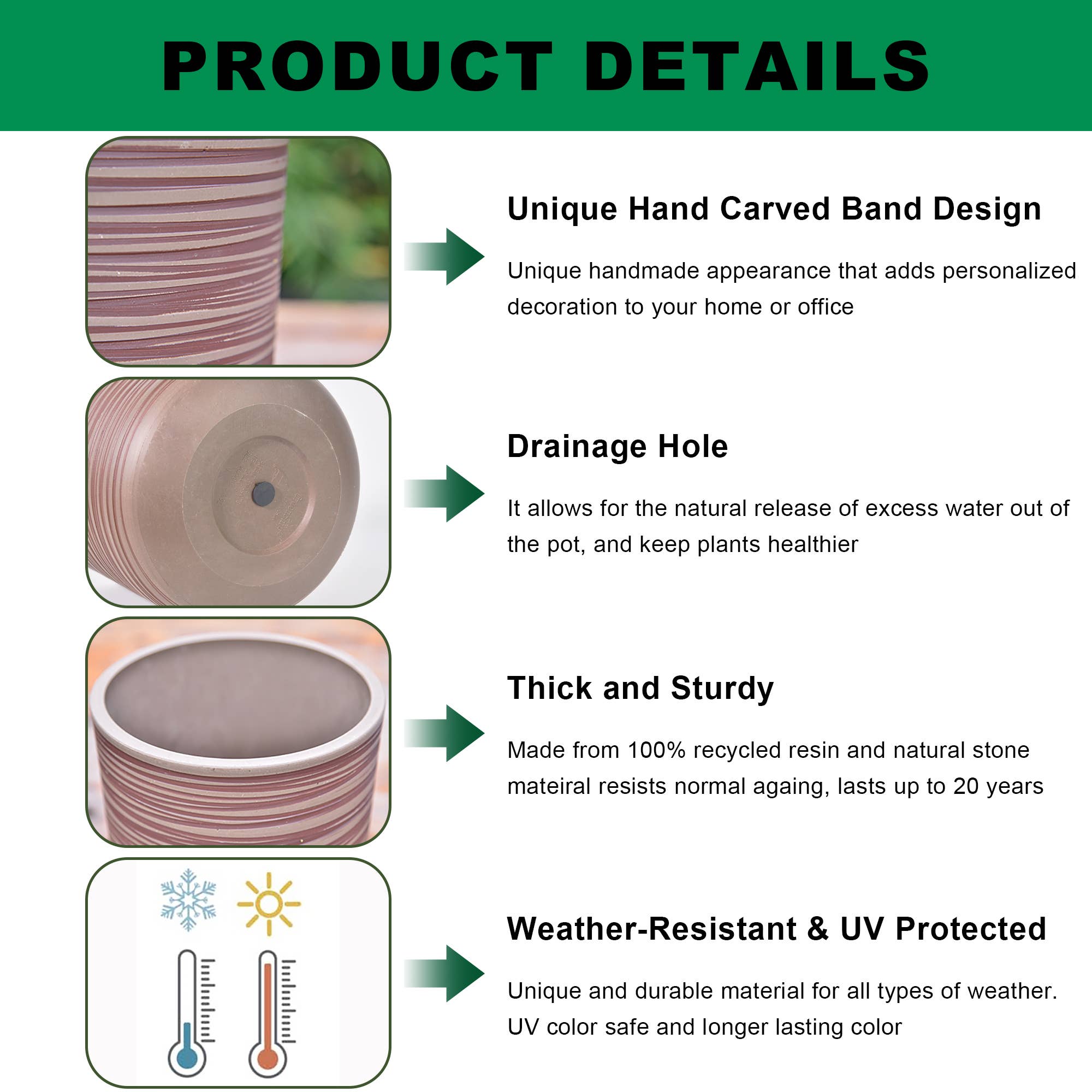 Greenship Garden USA - Wholesale Plant Pot - GreenShip Set of 4 Hand Carved Planters , W. 7.88"x H. 7.88"4