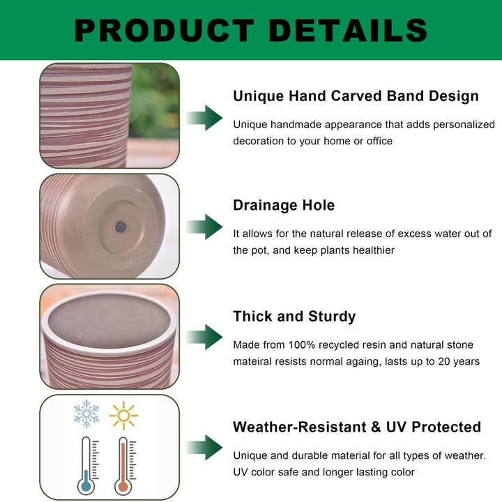 Greenship Garden USA - Wholesale Plant Pot - GreenShip Set of 4 Hand Carved Planters , W. 7.88"x H. 7.88"4