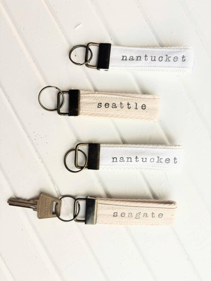 Custom Town Name Text Canvas Key Fobs for wholesale by Seagate Studio