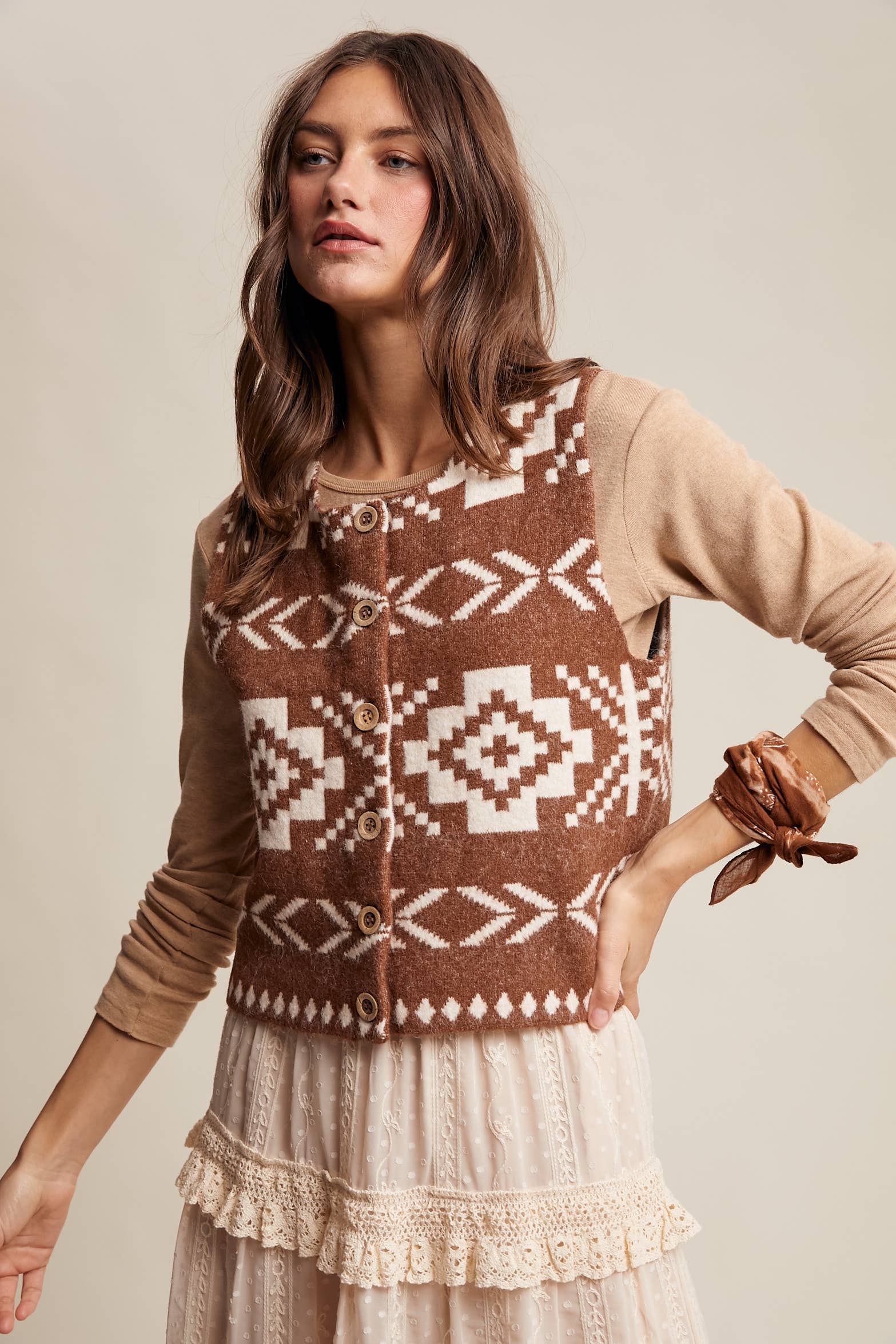 Listicle - Wholesale Sweater Vest - Women's - Southwestern Button-Up Vest LSW097725