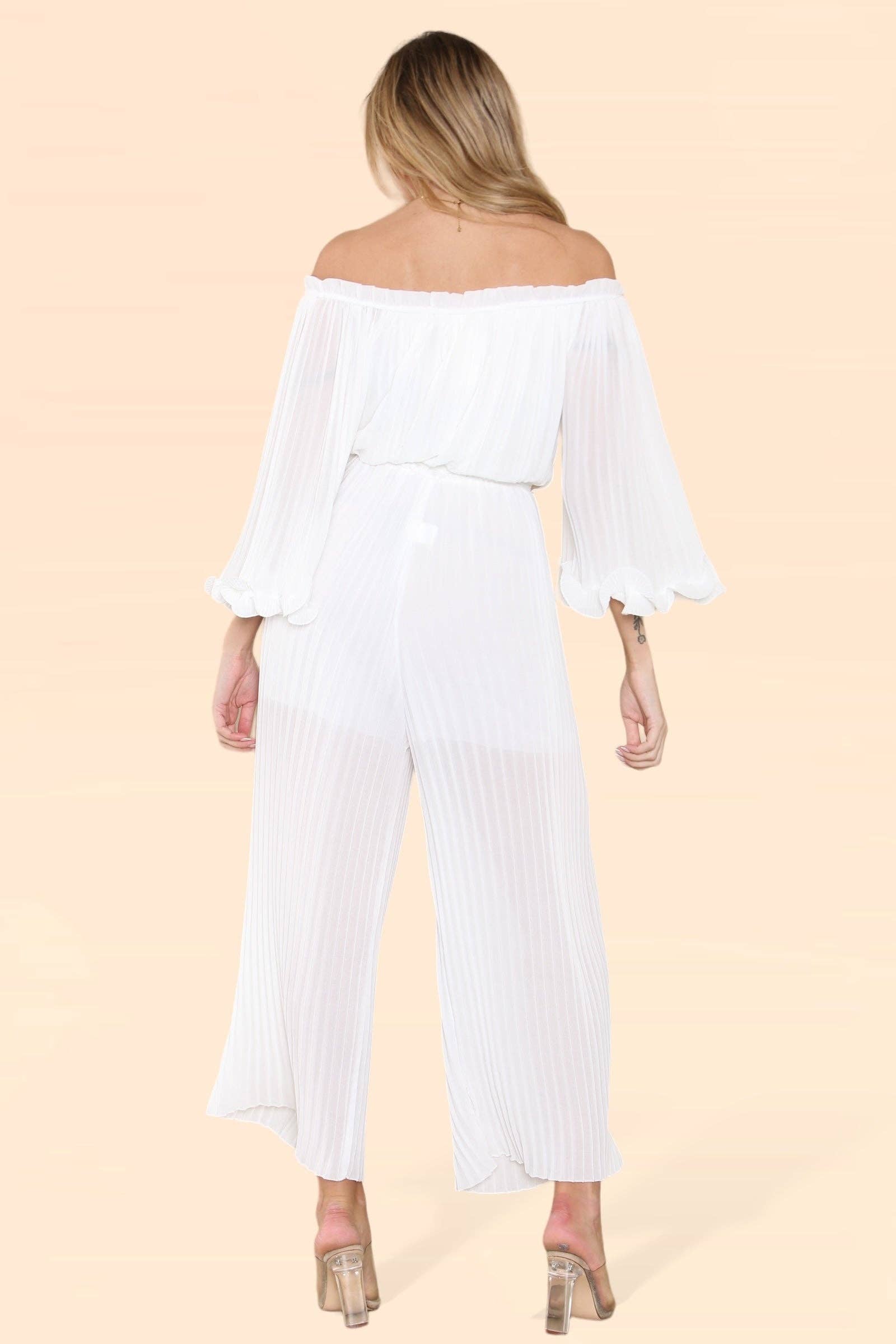 WHITE Sofia Bardot Pleated Frill Jumpsuit for wholesale on Faire19