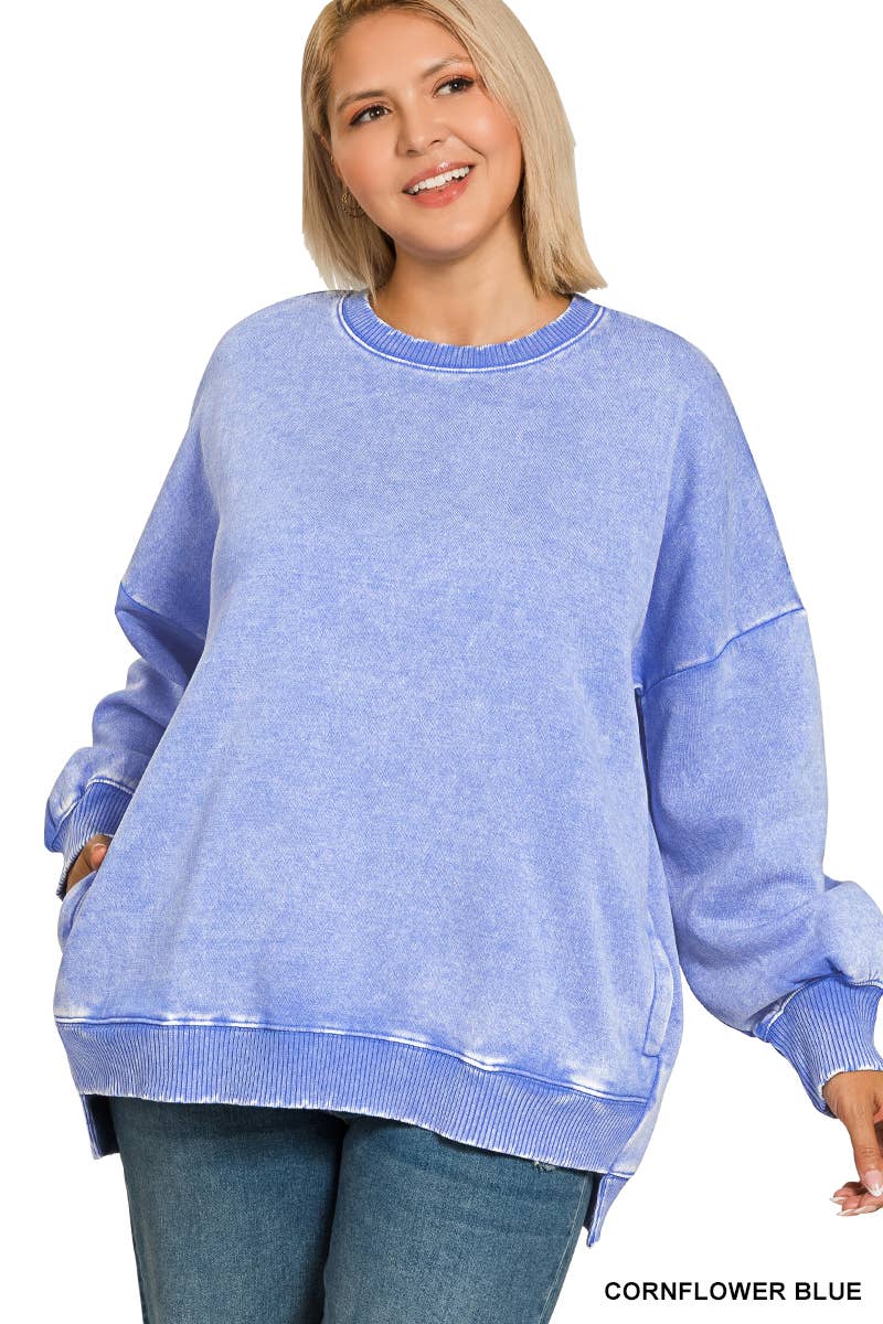42POPS - Wholesale Sweatshirt - Women's - .Plus Acid Wash Fleece Hi Low Hem Pullover With Pockets23