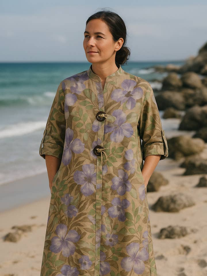 VESTIDO DE LINHO COM PADRÃO DE FLORES COM BOLSOS LATERAIS 94127 por atacado de LINEN & COTTON HOUSE