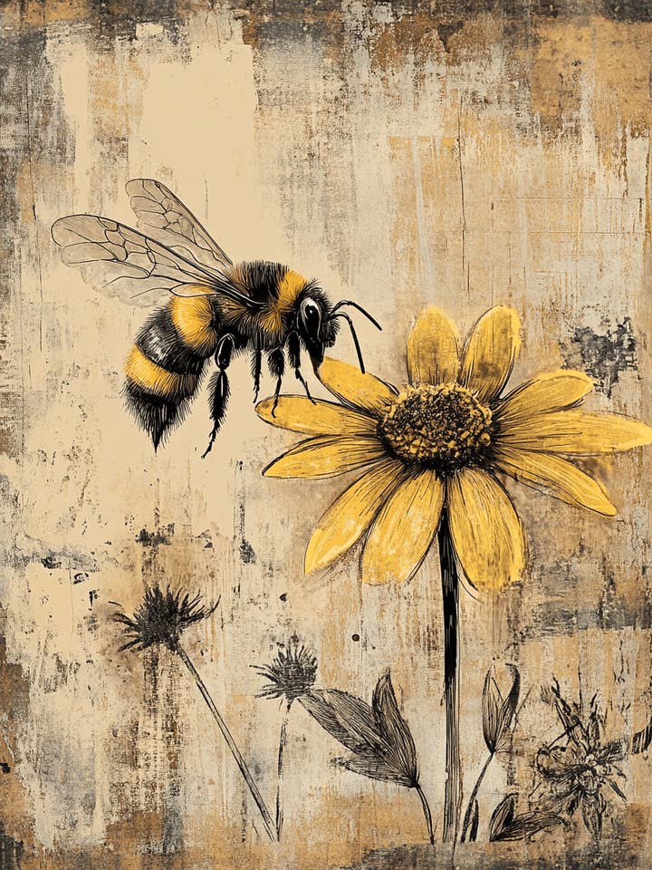 Abeille Vintage Tournesol - Impressions Murales d'Art Abeille & Miel – Œuvre 8″x10″ pour Cadre 11″x14″ pour la vente par Mowbi