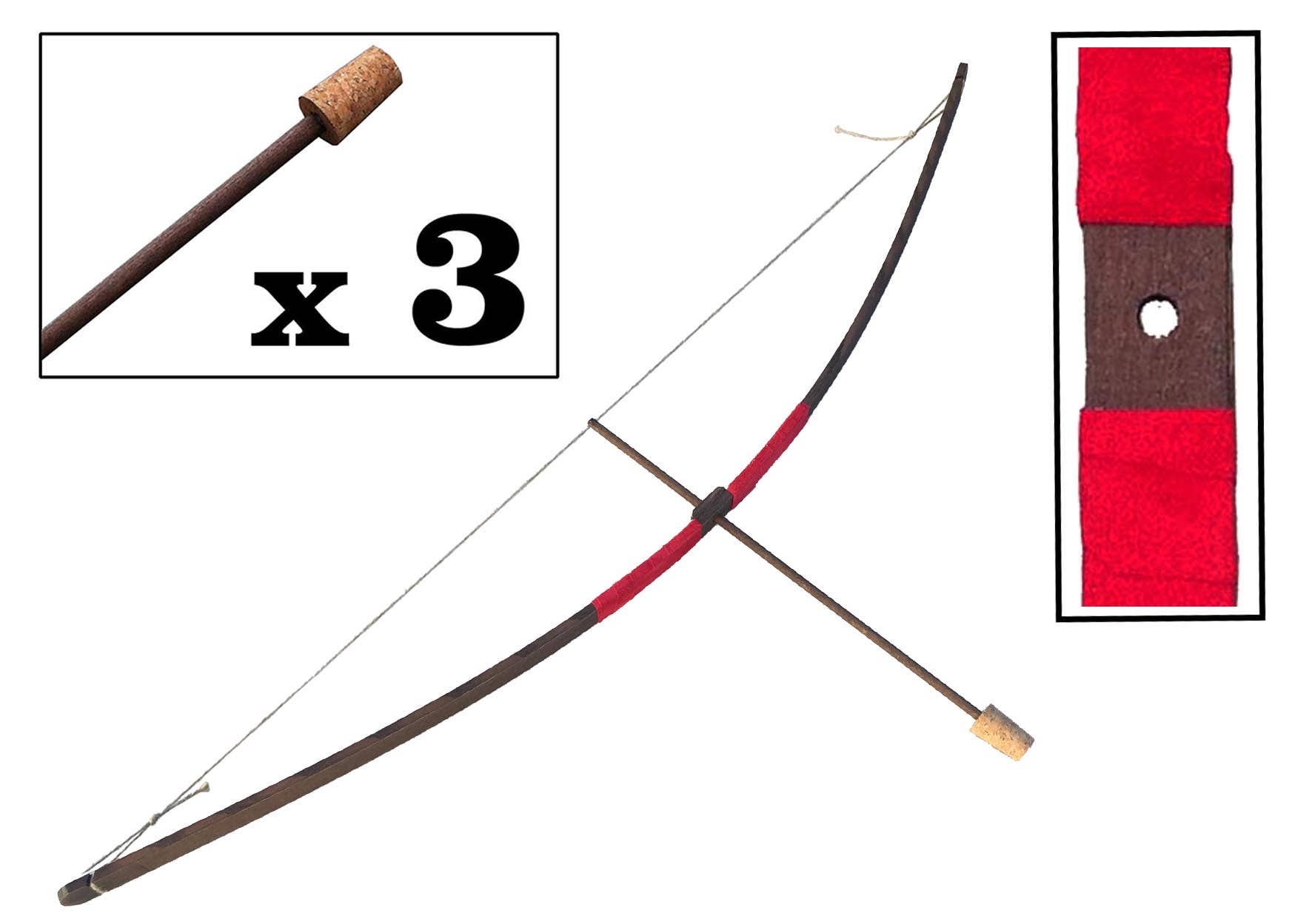 KALID MEDIEVAL – Großhandel Holzspielzeug – Kinder – Rustikaler Holzbogen mit Wildledergriff S und 3 Holzpfeilen mit Korkspitze - ST454F3