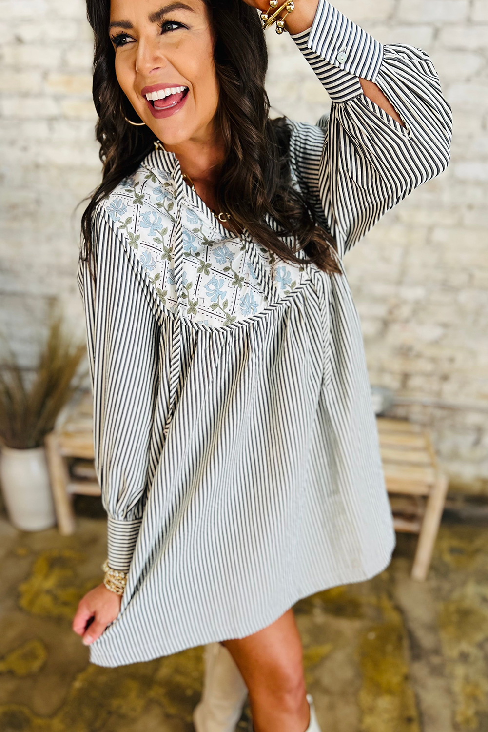 Black Stripe Floral Patchwork Tied V Neck Shift Long Sleeve Mini Dress for wholesale on Faire2