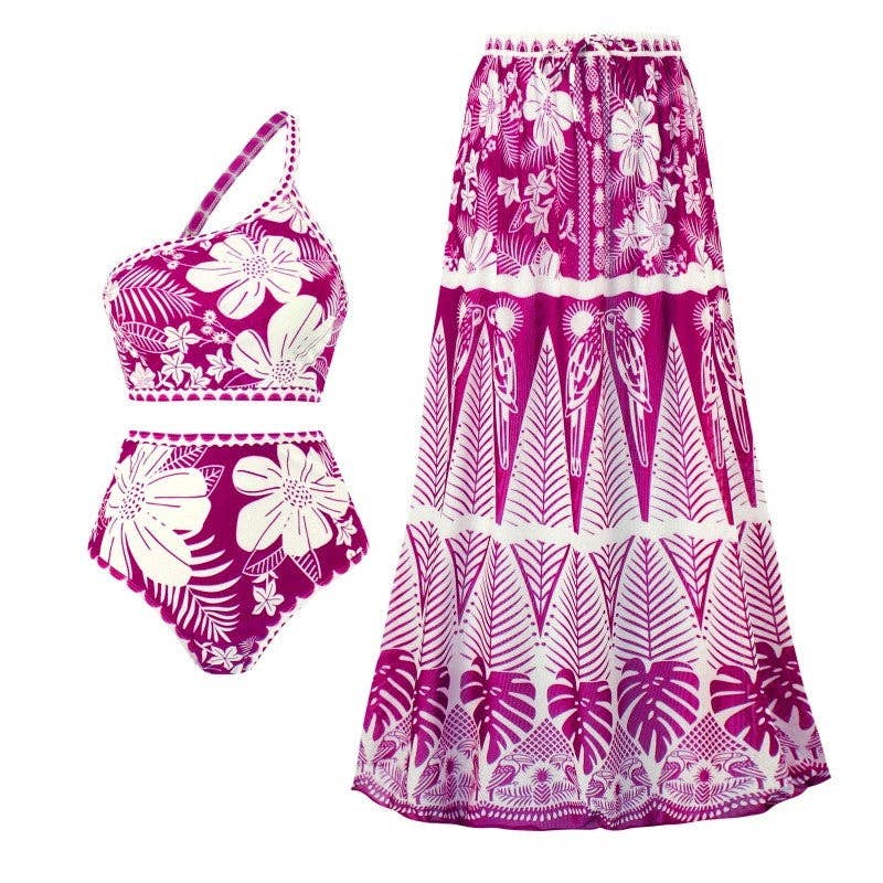 FurDecoration - Wholesale Two Piece Swimsuit - Women's - Printed Mesh One Shoulder Bikini Set - 3 Pieces0