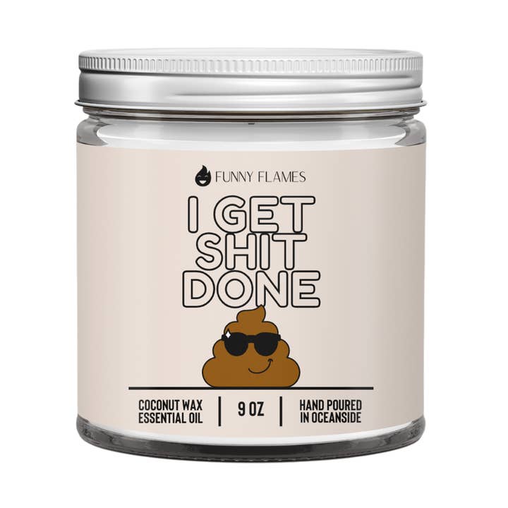 I Get Shit Done (Emoji) Funny Peppermint Candle For Bathroom for wholesale by Funny Flames Candle Co - Les Creme