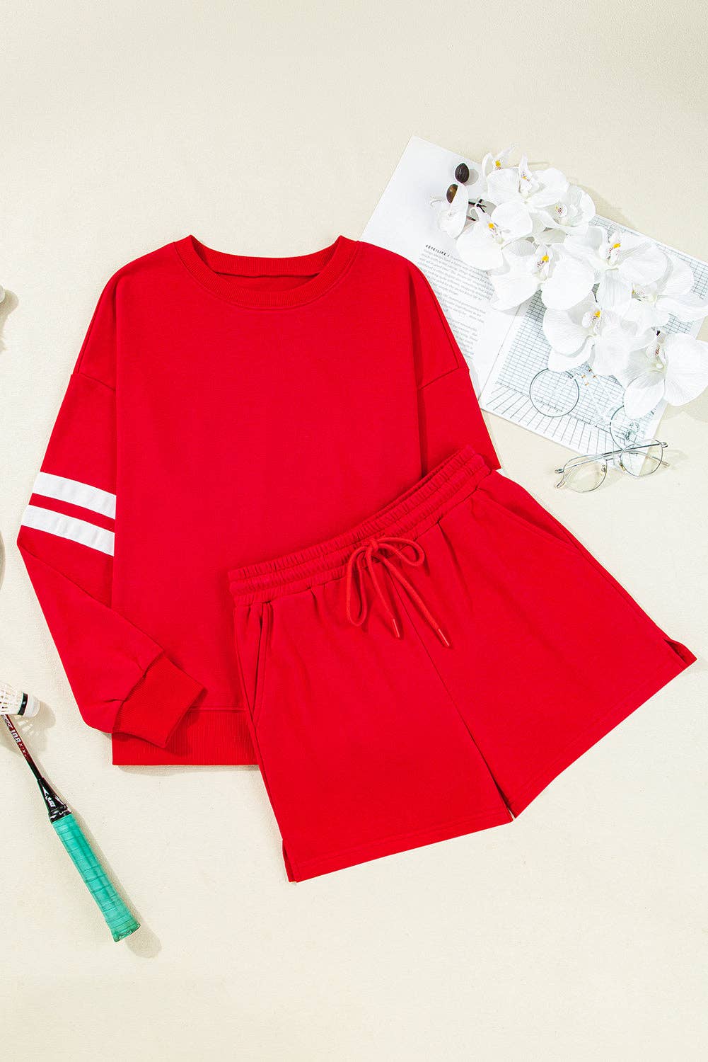 Fiery Red Varsity Striped Sleeve Drop Shoulder Sweatshirt and Short Set for wholesale on Faire2