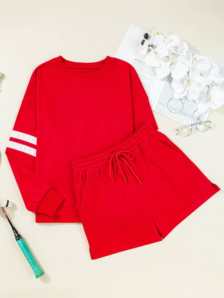 Fiery Red Varsity Striped Sleeve Drop Shoulder Sweatshirt and Short Set for wholesale on Faire2