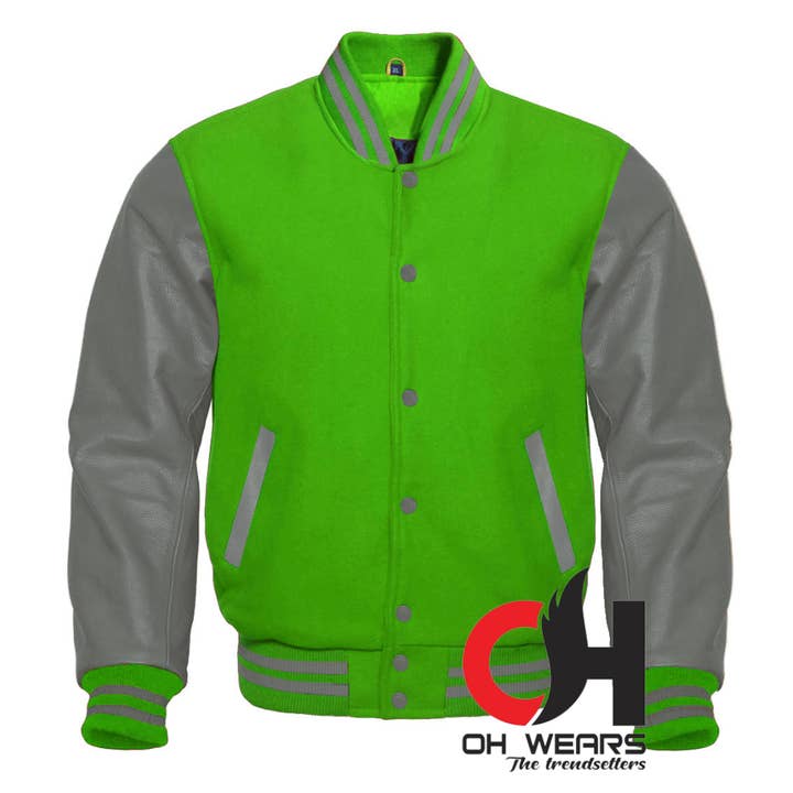 Parrot Green Wool and Genuine Grey Leather Sleeves Varsity Jacket for wholesale by OH Wears