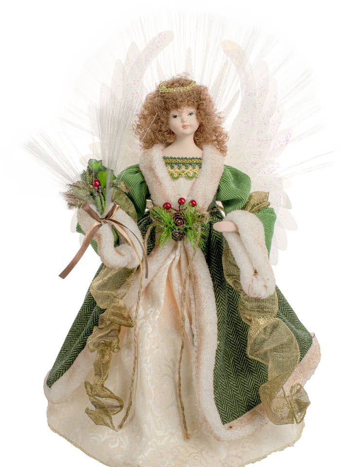 Grüner Glasfaser-Engelbaumspitze mit braunen Haaren für den Großhandel von Starlight Collection