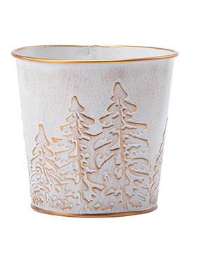 Planter 5" White/Gold Embossed with Trees Pot Cover #53347 for wholesale by Napco