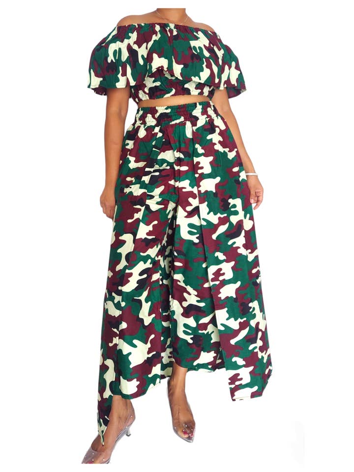 India Batik – Großhandel Set aus Oberteil und Hose (NICHT Loungewear) – Damen – 3012 Set mit Umhang, Hose und Bluse für Damen, Camouflage Grün