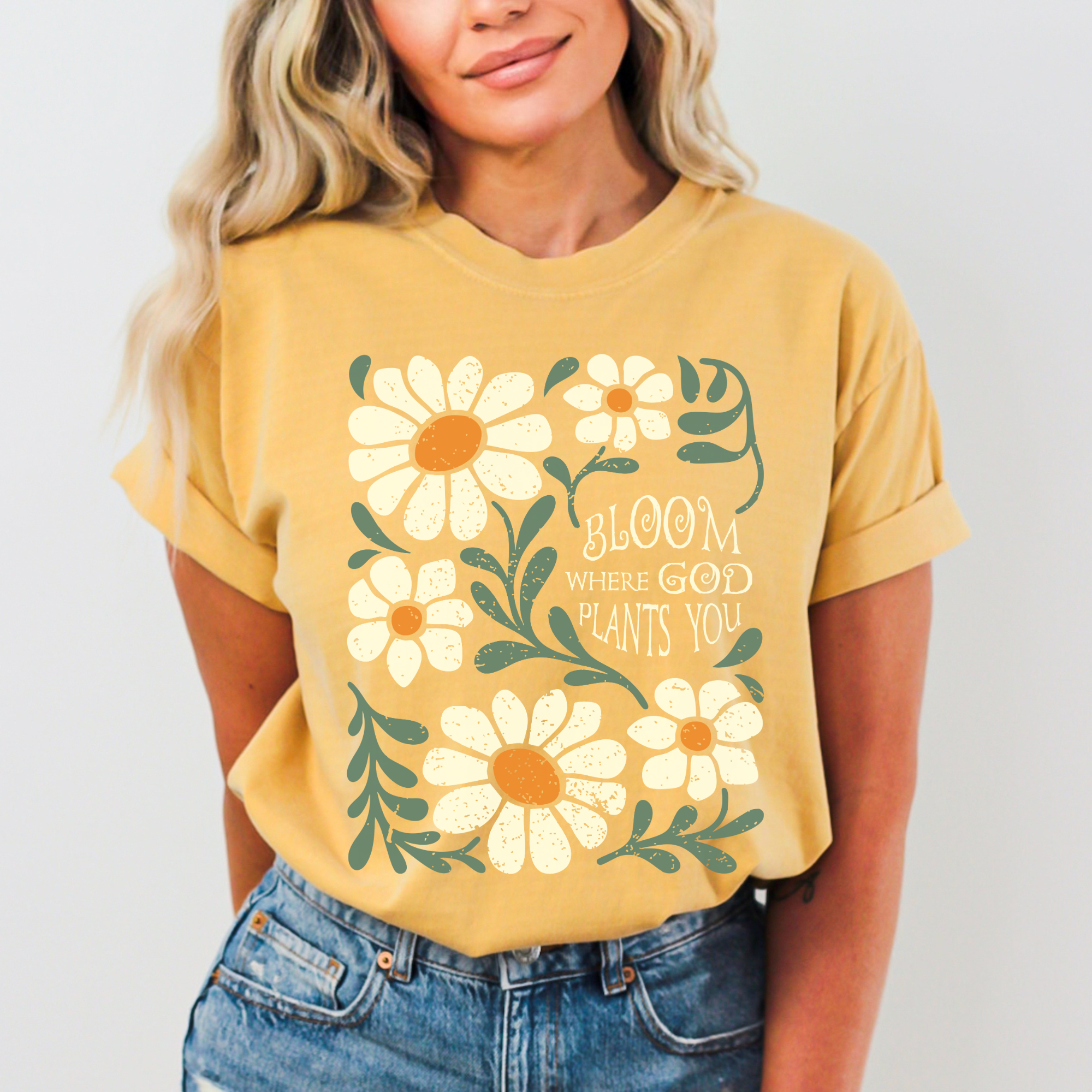 Scripted Pearl - Wholesale Screen Printed T-Shirt - Women's - Bloom Where God Plants You Comfort Colors Christian T Shirt12