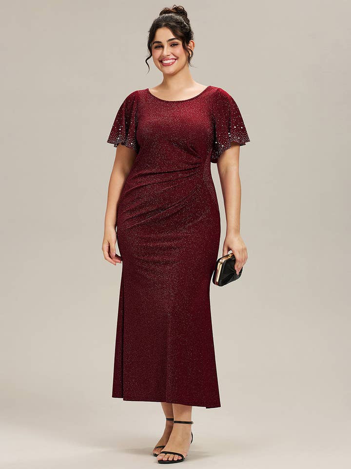 Plus Size Short Sleeve Ruffle Beaded Fishtail Maxi Evening Dresses for wholesale by Ever-Pretty
